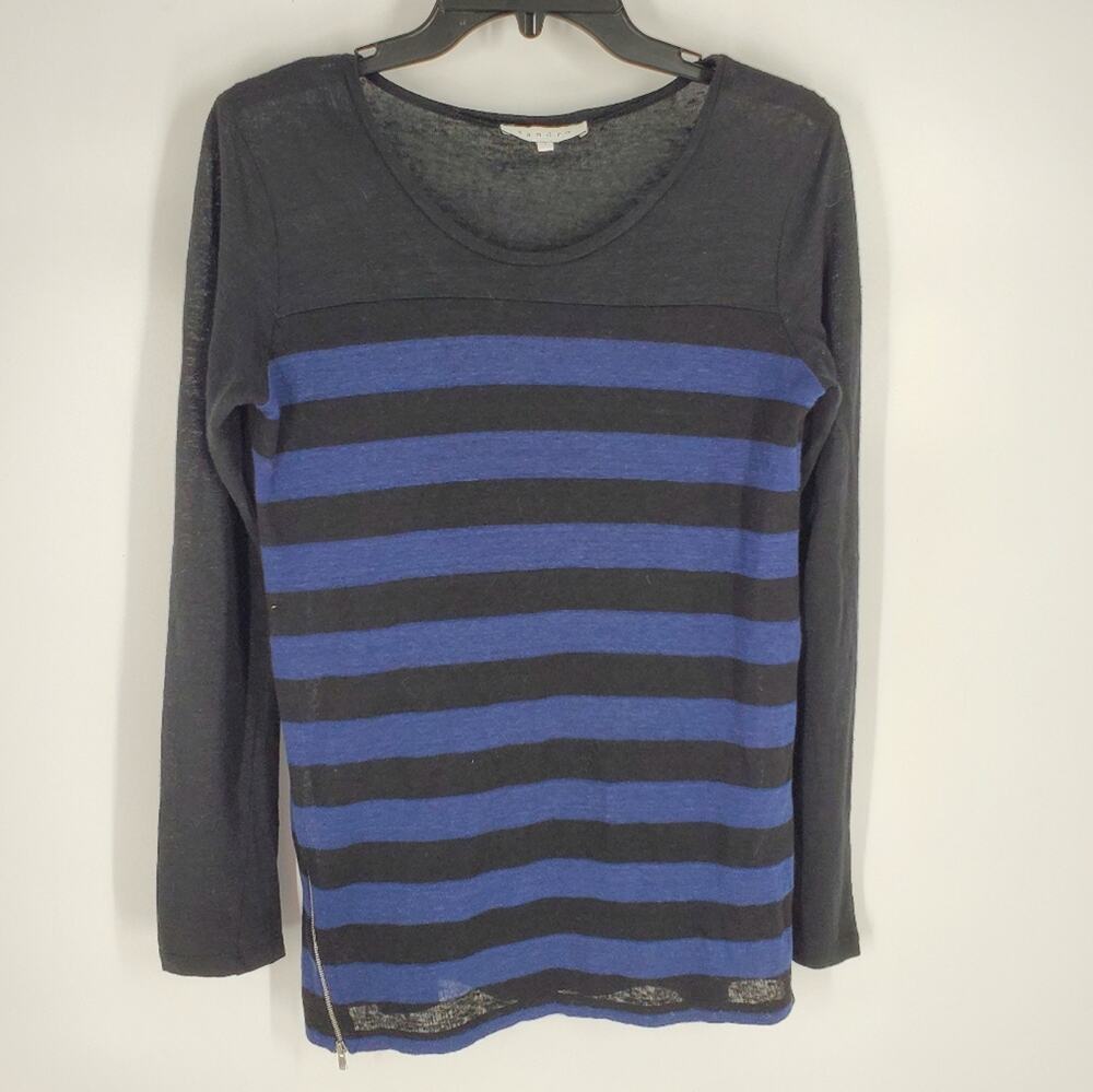 Sandro Black Blue Stripped Zipper Linen Long Sleeve Top